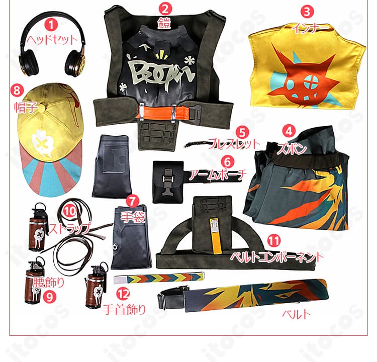 レイズ コスプレ衣装のセット内容一式を並べた展示画像