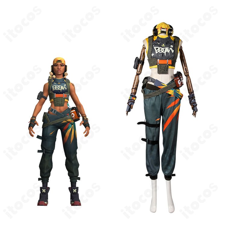 VALORANT レイズ標準コスチュームの正面全体とキャラクター参考を並べた画像