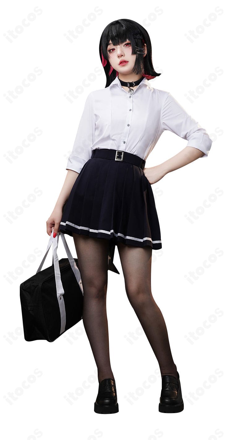 ゼンレスゾーンゼロ エレン・ジョー 制服コスプレの人物着用・正面。耳飾りとチョーカーを含む全身コーデの完成イメージ。