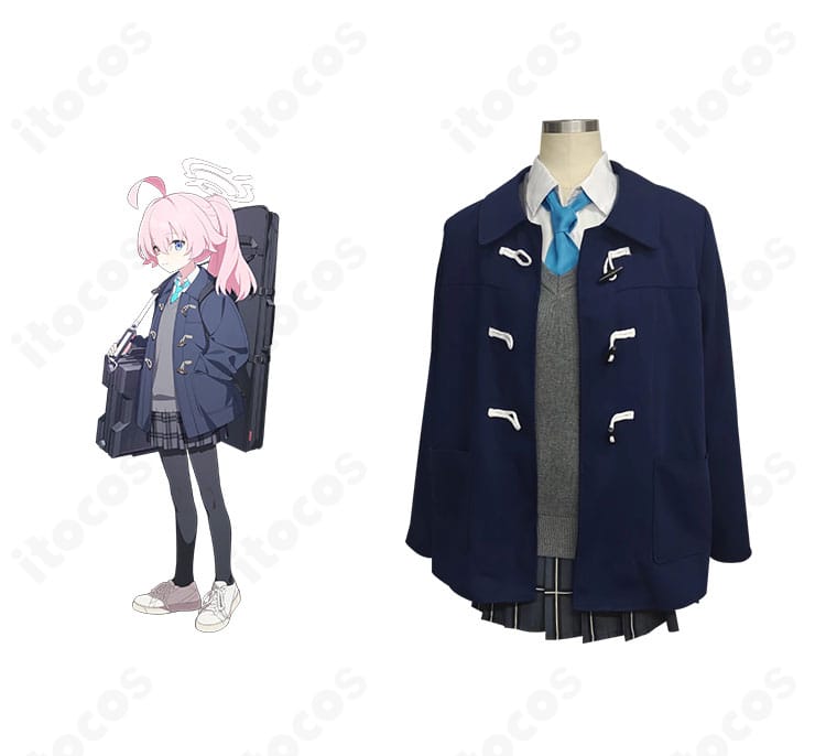 小鳥遊ホシノ 2年生制服コスプレ衣装の正面とキャラクター比較。色設計とシルエットの再現が分かる商品イメージ