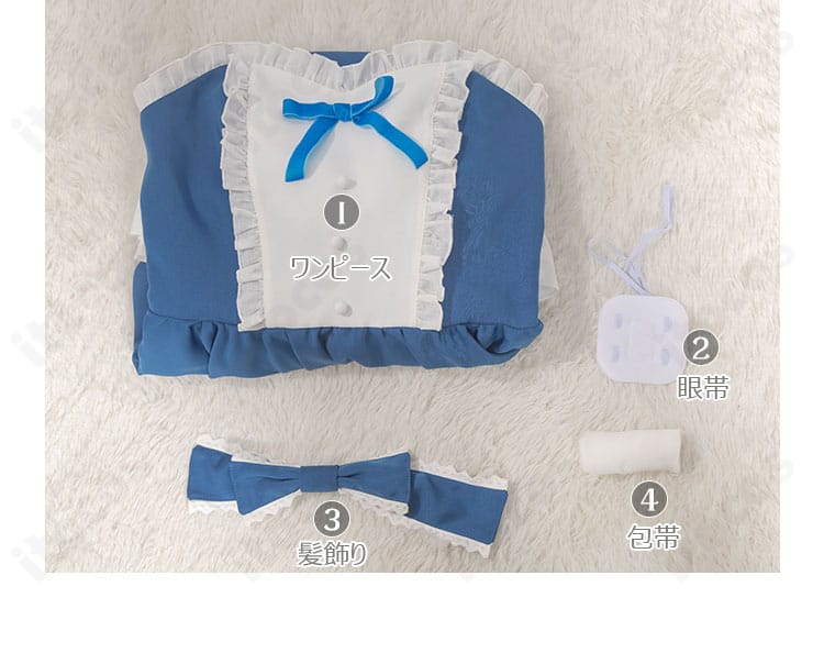 セット内容一覧画像。ワンピース本体・眼帯・髪飾り・包帯が揃った構成が分かる写真
