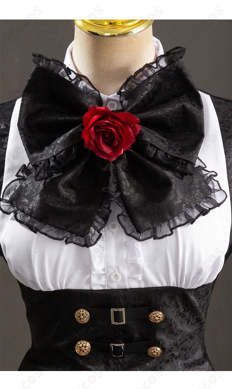 蝶の花飾りが付いたリボンのクローズアップ。時崎狂三衣装のアクセント装飾の質感が伝わる画像