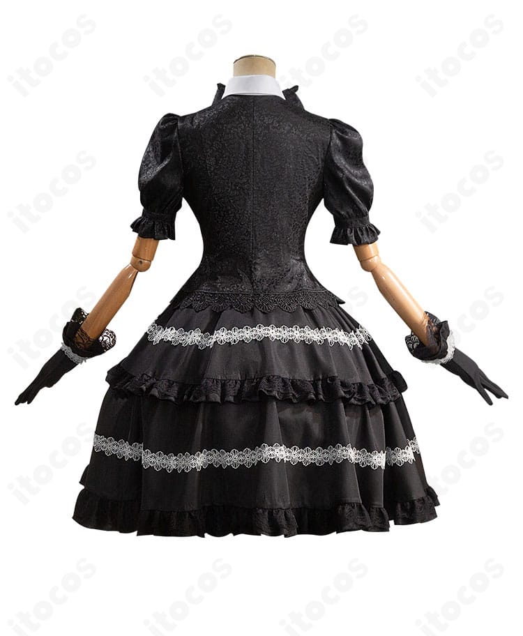 時崎狂三 コスプレ衣装の背面図。背中のリボンやレース、固定仕様の構造が分かる画像