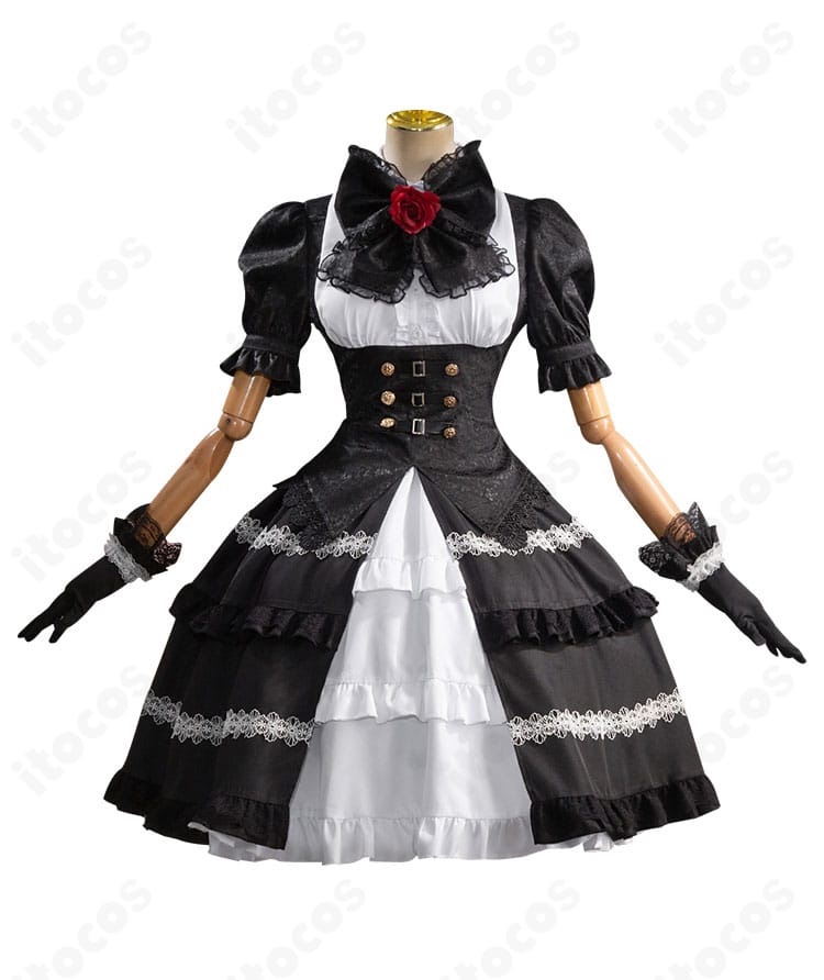 『デート・ア・ライブIII』時崎狂三 コスプレ衣装の正面図。黒×赤のゴシック調とリボン配置が分かる画像