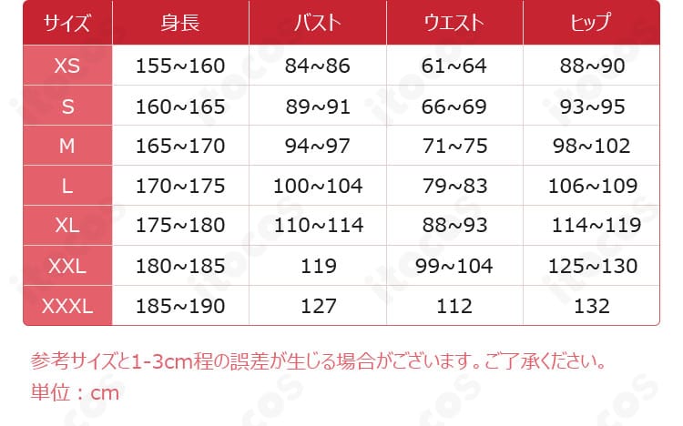 サイズ表。A.B.A衣装の各サイズ（XS〜XXXL）の寸法対応を示す画像