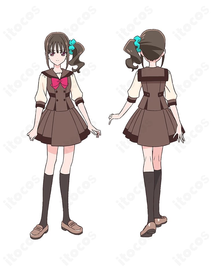 わんだふるぷりきゅあ! 猫屋敷まゆの制服コスプレ一式。清楚な配色とベストのレイヤードが分かる全身イメージ。