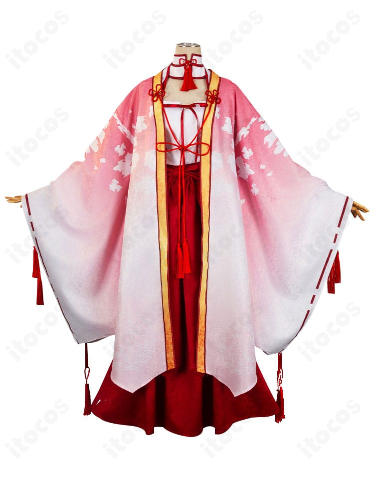 朝武芳乃 巫女姫様コスプレ衣装 正面全身。胸飾りとつけ襟、スカートのレイヤーがわかる構図