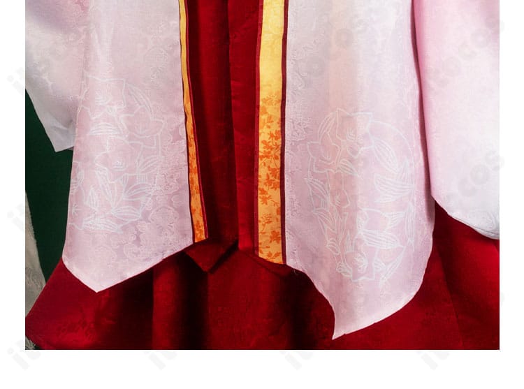 巫女姫様衣装 スカート裾の装飾アップ。レイヤー構成と縁飾りの美しさ