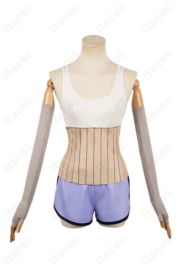 ダンダダン 綾瀬星子 コスプレ衣装の正面全身。タンクトップとショートパンツ、コルセットベルトまで高精度に再現。