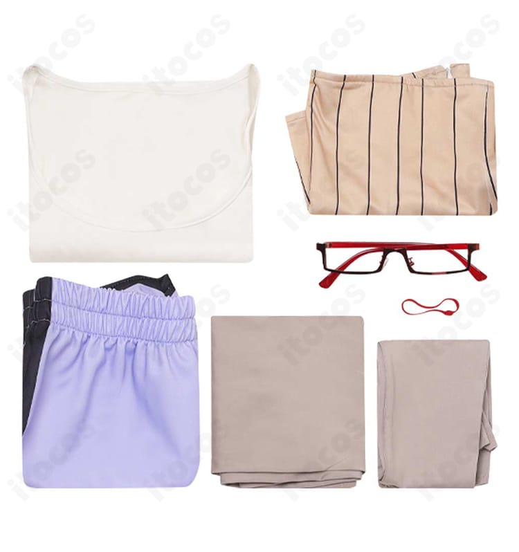 ダンダダン 綾瀬星子 コスプレ衣装のセット内容一覧。タンクトップ、ショートパンツ、ベルト、手袋、靴下、メガネ、ヘアゴムを掲載。