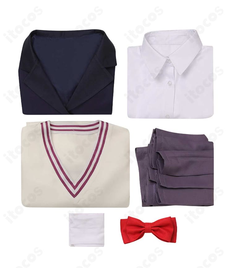 白鳥愛羅コスプレ衣装のセット内容。コート・シャツ・スカート・インナー・蝶ネクタイ・靴下