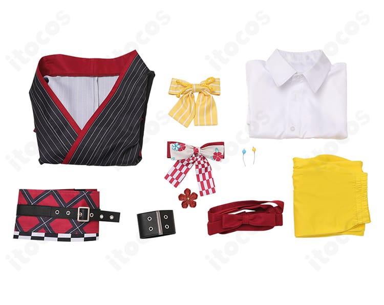 安和すばる ライブ衣装コスプレのセット一式。トップス・ボトムス・腰封・腕飾り・領結を配置した画像