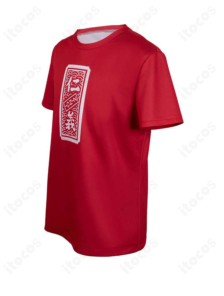 井芹仁菜 コスプレTシャツを左側から撮影。肩袖の装飾位置と側面ラインの見え方。