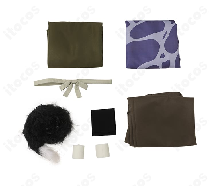 ダンジョン飯 イヅツミ コスプレ衣装 セット内容一式。コート、ズボン、トップス、帯、尻尾、包帯の6点