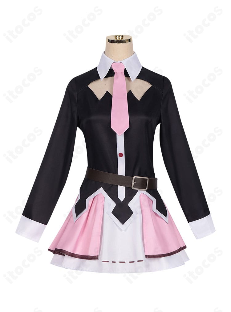 ゆんゆん コスプレ衣装 正面ディテール。ネクタイと胸元、花柄風刺繍の装飾が見えるアップ