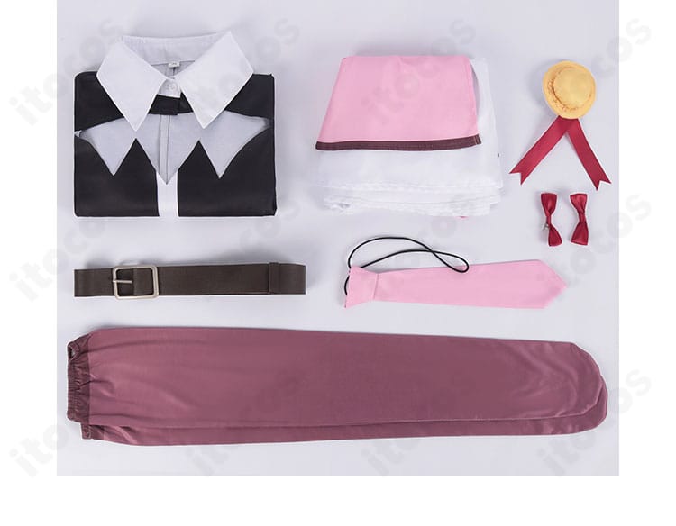 ゆんゆん コスプレ衣装 セット内容一覧。トップス・スカート・ネクタイ・蝶結び・髪飾り・ベルトを配置した写真