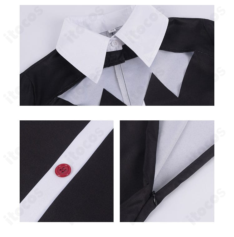 ゆんゆん コスプレ衣装 襟元のボタンとジッパー装飾のクローズアップ。着脱構造と縫製の仕上がりを説明