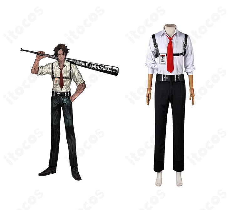 Limbus Company ヒースクリフ 囚人No.7のコスプレ衣装を正面から。制服の配色と胸ベルトを忠実再現した全身イメージ。