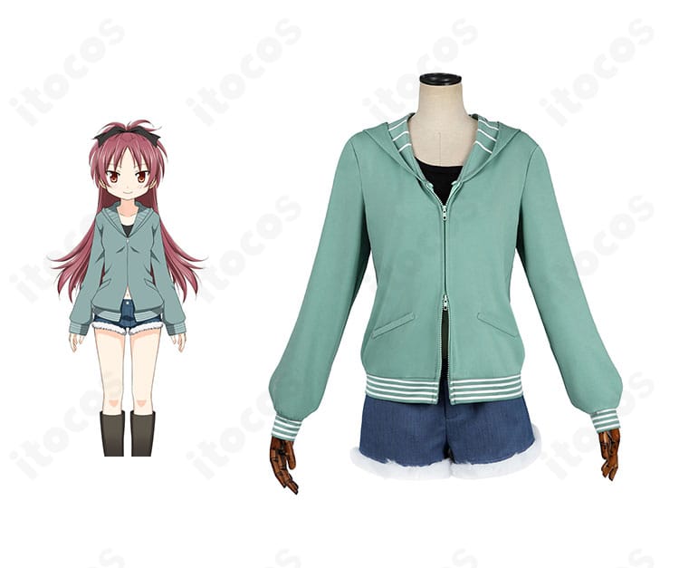 佐倉杏子の私服コスプレ一式とキャラクターイメージの合成例。まどマギ世界観とコート×ショートパンツのカジュアル感が伝わる構図。