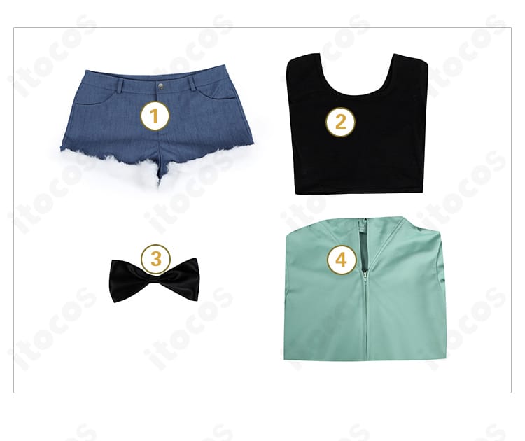 セット内容のフラットレイ。コート、トップス、ショートパンツ、髪飾りの4点が揃った構成を明確に示した写真。