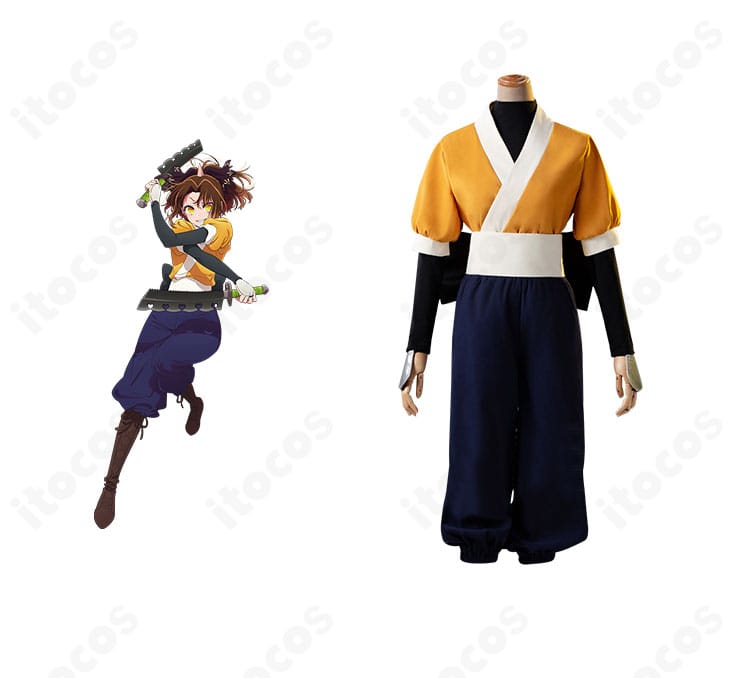 【推しの子】有馬かなの舞台衣装コスプレ一式の正面とキャライメージ。背面蝶結びとコルセットを含む高再現ステージ衣装。