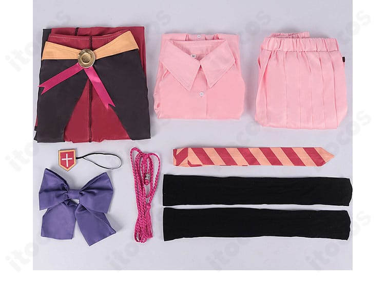 このすば あるえ コスプレ衣装のセット一覧。コート、シャツ、スカート、ネクタイ、蝶結び、眼帯、靴下をレイアウト。