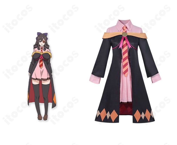 この素晴らしい世界に祝福を！ あるえの紅魔族制服コスプレ正面。眼帯と赤系アクセントを含むフルセットの雰囲気が分かる一枚。