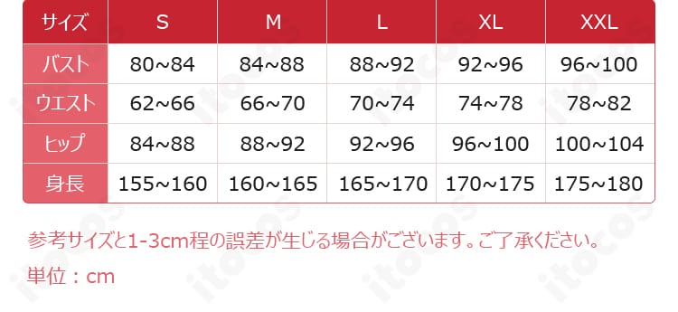 サイズ表。S〜XLの寸法ガイドと計測基準を示すデータ画像