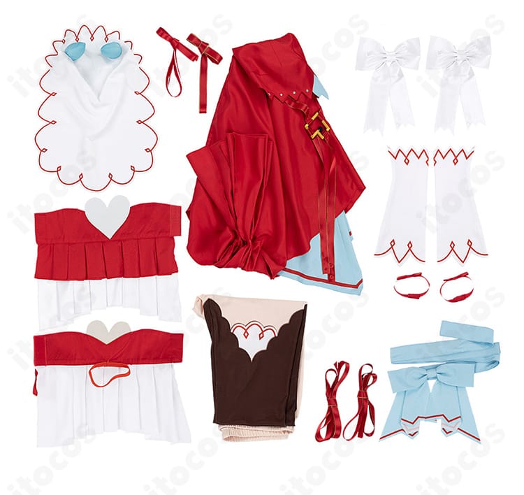 スティルインラブ 勝負服コスプレのセット内容一式。ワンピース、髪飾り、袖、アームカバー、手首飾り、帯、タイツ、ストラップ、蝶結びを表示。