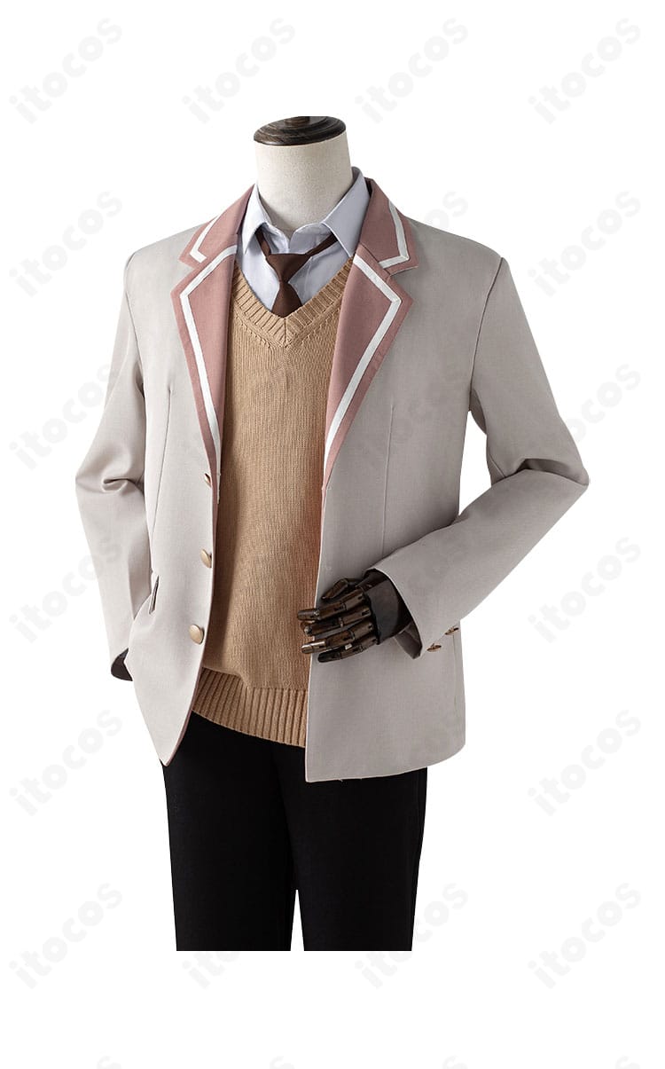 久世政近コスプレ衣装のディテール。ネクタイの長さ比率、シャツ襟、ベストのV開きとステッチを強調。