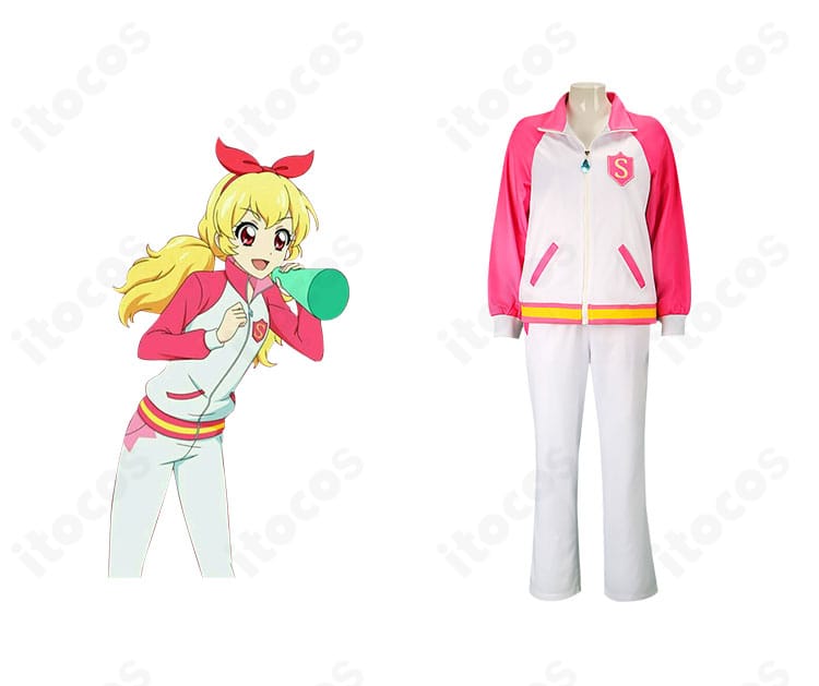 アイカツ！ スターライト学園スクールジャージとキャラクターが一緒に写るイメージ。高再現の配色ラインと刺繍が分かる全身構図。