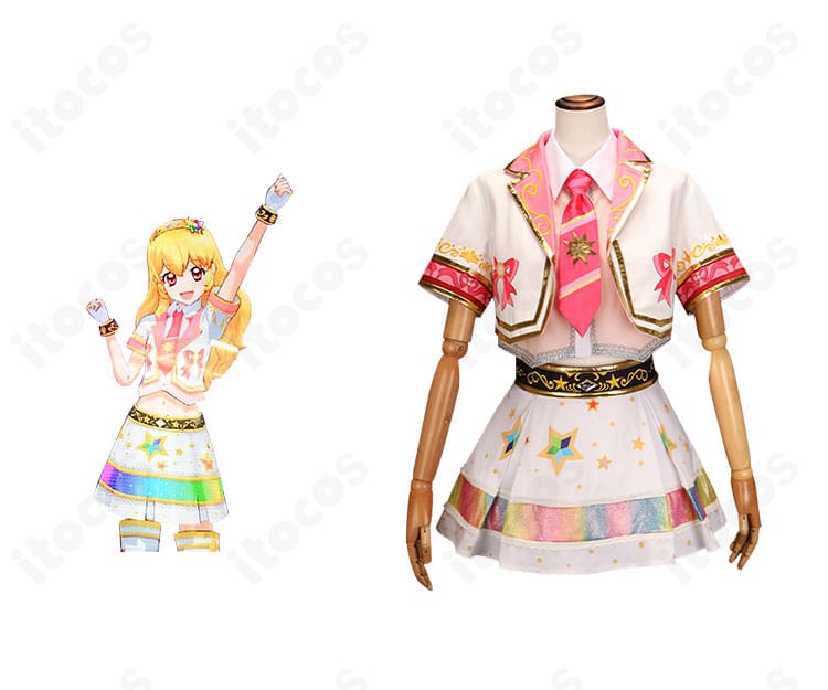 商品正面と星宮いちごのヒラリ／ヒトリ／キラリ衣装を着用した全身イメージ。コート・シャツ・スカート・ネクタイ・手袋・カチューシャのコーデ例。