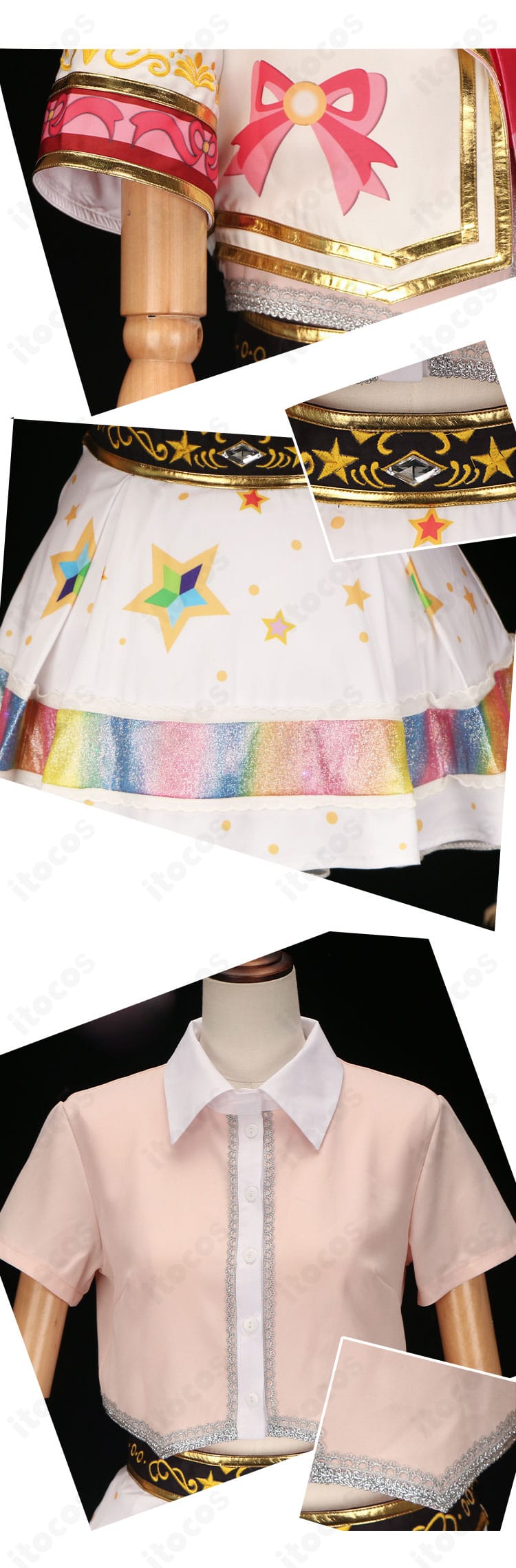 星宮いちご ヒラリ／ヒトリ／キラリ衣装の装飾クローズアップ。胸元のネクタイと縁取り、装飾パーツの質感。