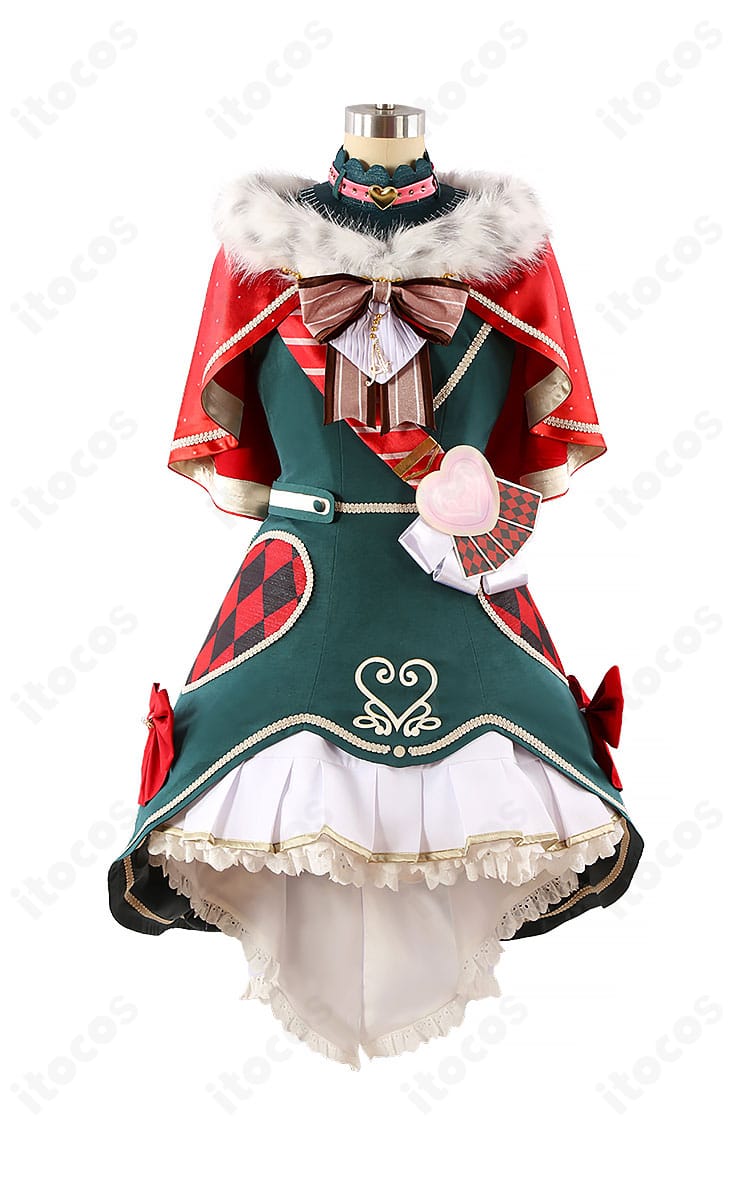 草薙寧々 コスプレ衣装の正面全身。ワンピースとスカートのシルエット、チョーカーやたすきの配置が分かるカット。