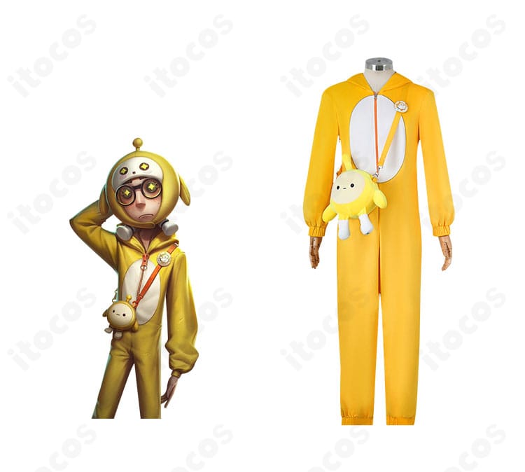 第五人格 幸運児 エッグパーティーコラボ衣装の正面とキャラクター参考のコラボ画像。配色とモチーフを高再現。