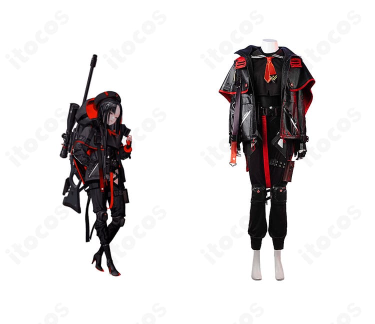 勝利の女神：NIKKE ウンファのコスプレ衣装 正面全身。マントとロングコートのシルエットと装飾が分かる画像。