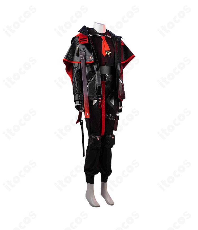 勝利の女神：NIKKE ウンファ衣装 側面。マントの落ち感とコートライン、ベルト位置のバランスが分かる画像。