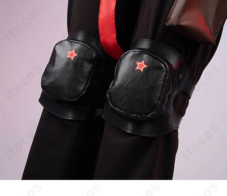 ウンファ コスプレ衣装 膝部ニーパッドのディテール。形状と固定方法が分かる画像。