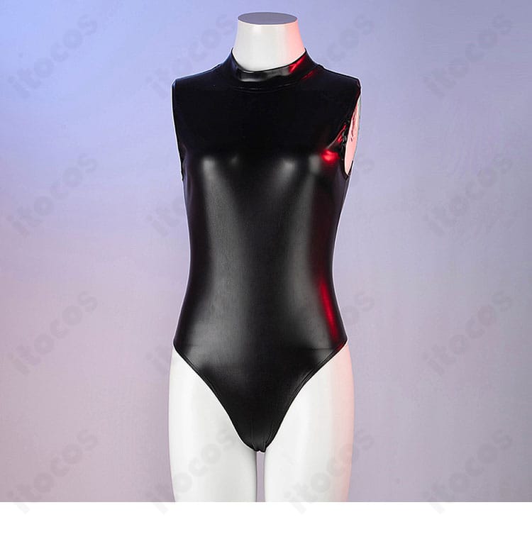 ウンファ コスプレ衣装 インナー正面。首元カットと生地の伸縮性を示す画像。