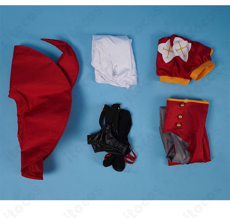 イコラ（753♡） コスプレ衣装のセット内容一覧。帽子、レオタード、トップス、コルセットベルト、靴下が揃った内容確認用画像。