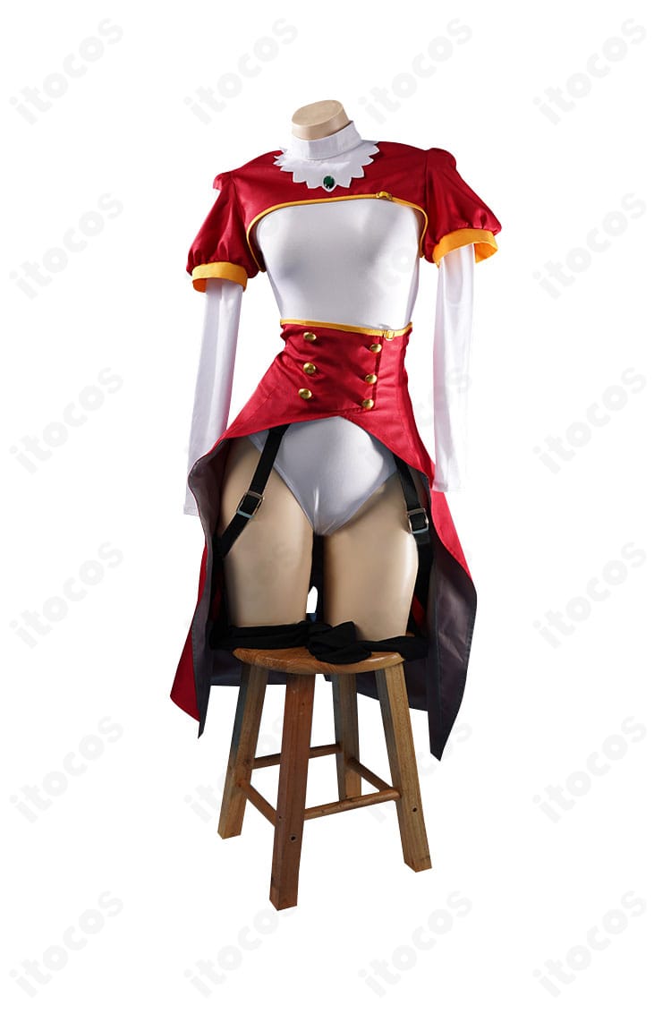 イコラ（753♡） コスプレ衣装の正面全身。レオタードベースにトップスとコルセットベルトを重ねたバランスが確認できる画像。