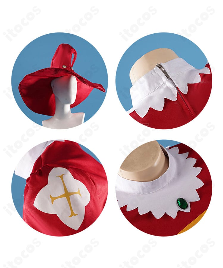 襟元のチェーン装飾と肩飾りの接写。繊細なメタル風パーツと縁取りの質感が際立つディテール画像。