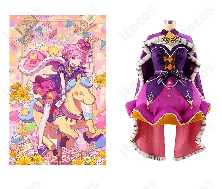 プロジェクトセカイ 鳳えむ クイーン・オブ・ダイヤ衣装の正面とキャラ比較。配色・刺繍・マントの再現度を確認できる画像。