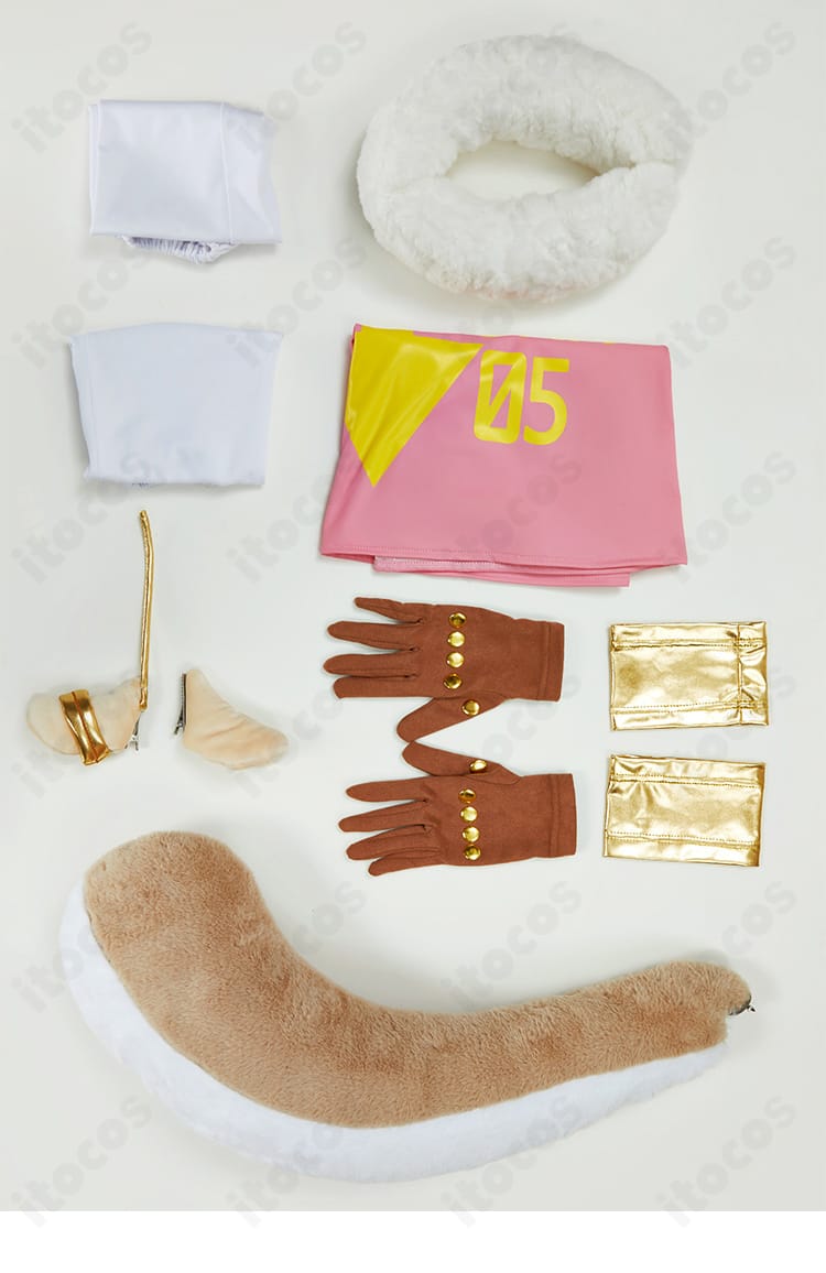 アトラス（PUNK-05 暴）コスプレ衣装のセット内容一覧。ワンピース、スヌード、耳、アームカバー、手袋、尻尾を配置。