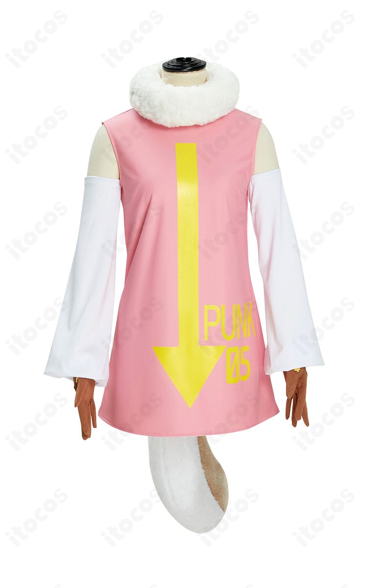 ONE PIECE アトラス（PUNK-05 暴）コスプレ衣装の正面全身。ワンピースとスヌード、耳、アームカバーの配置が分かる。