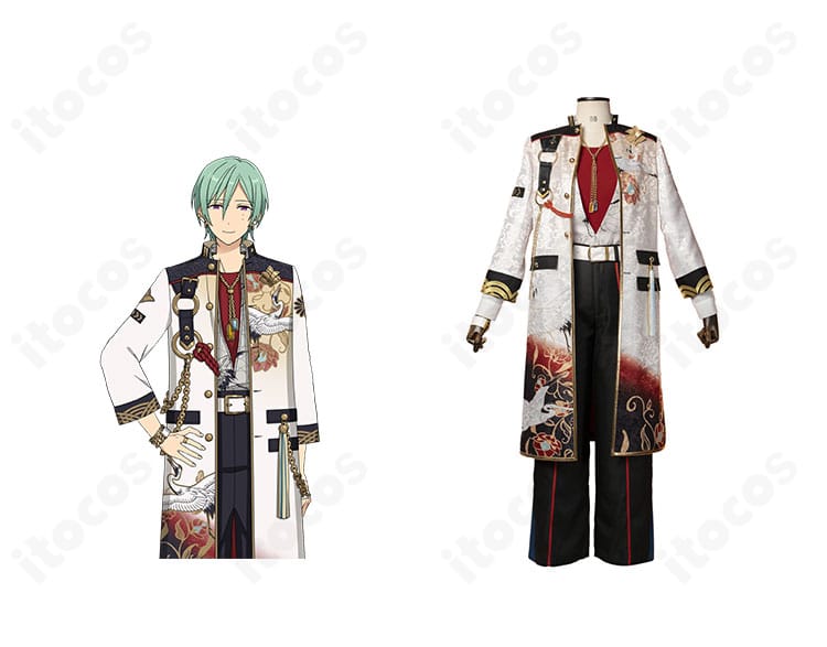 風早巽の宝相華衣装コスプレ一式と公式ビジュアルの組み合わせ。正面全身で刺繍と配色を確認できる比較イメージ。