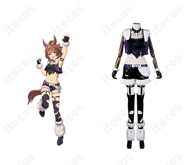 シンコウウインディのキャラ画像と並んだ勝負服フルセット正面写真。配色と装飾でウマ娘の世界観を忠実に再現。