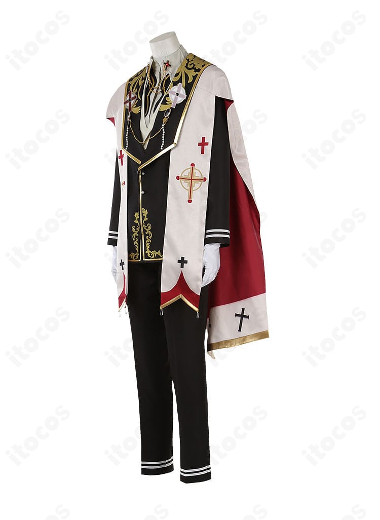 左側からの全身アングル。裾のラインと胸飾りのバランス、ポージング時の見え方が分かる。