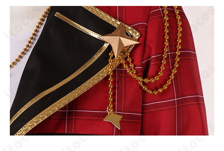 襟元装飾の接写。衣更真緒のTrickstar衣装らしい繊細な襟飾りと配色のコントラストを強調した画像。