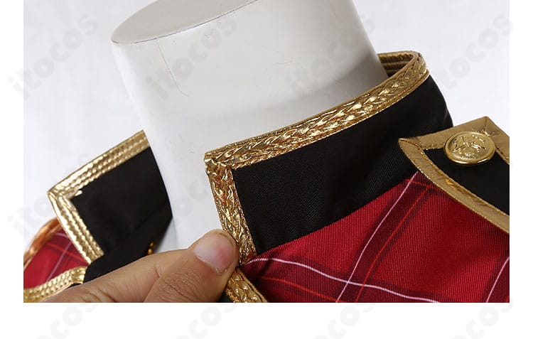 襟周りの装飾ディテール拡大。ユニークな襟元の意匠とステッチワークが分かる写真。